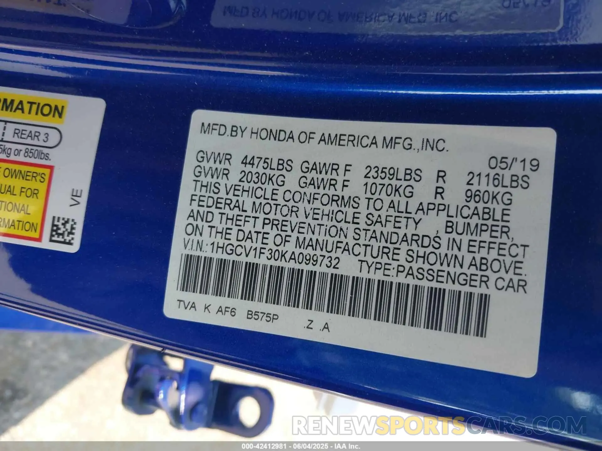 9 Photograph of a damaged car 1HGCV1F30KA099732 HONDA ACCORD 2019