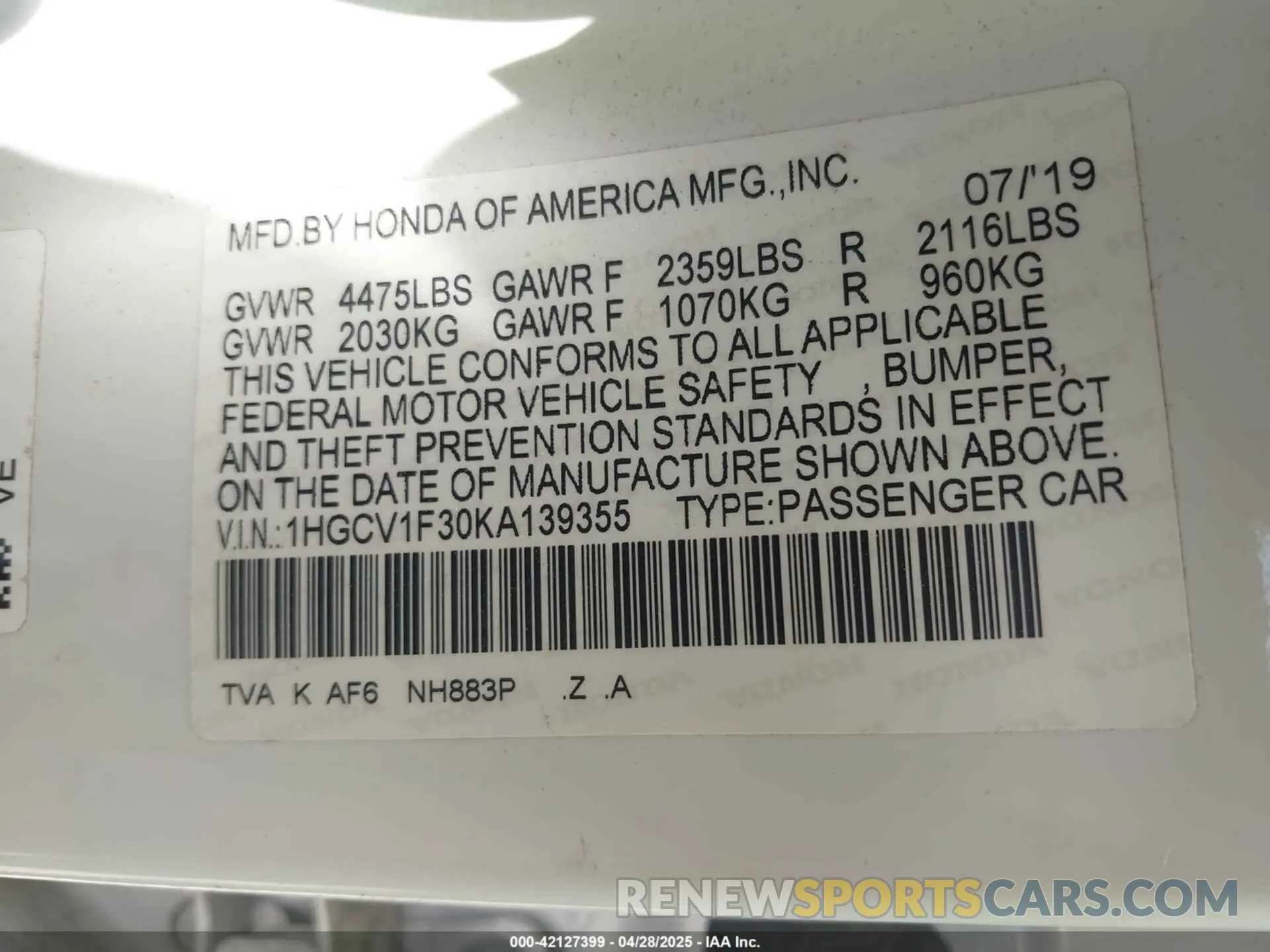 9 Фотография поврежденного автомобиля 1HGCV1F30KA139355 HONDA ACCORD 2019