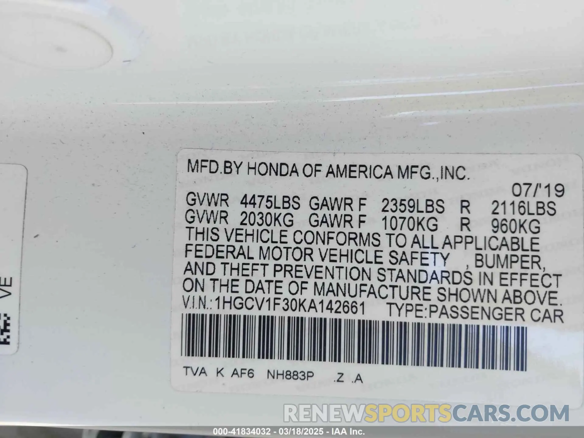9 Photograph of a damaged car 1HGCV1F30KA142661 HONDA ACCORD 2019