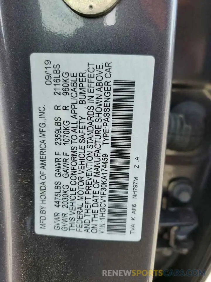 12 Photograph of a damaged car 1HGCV1F30KA174459 HONDA ACCORD 2019
