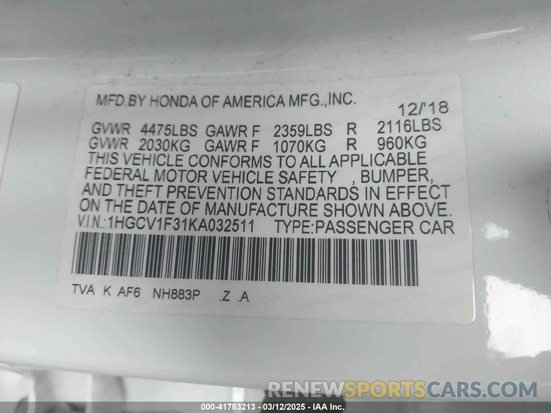 9 Photograph of a damaged car 1HGCV1F31KA032511 HONDA ACCORD 2019
