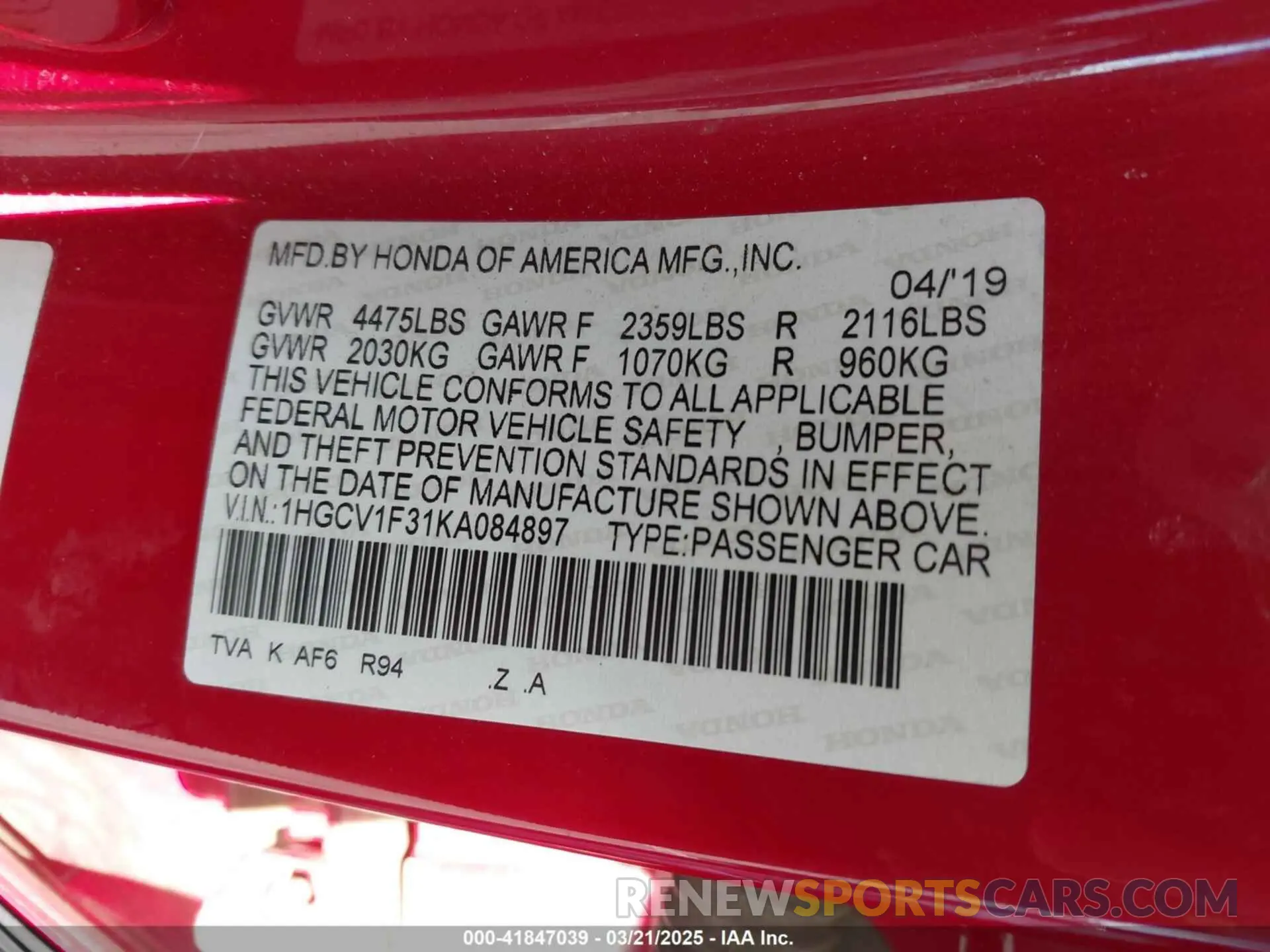 9 Photograph of a damaged car 1HGCV1F31KA084897 HONDA ACCORD 2019