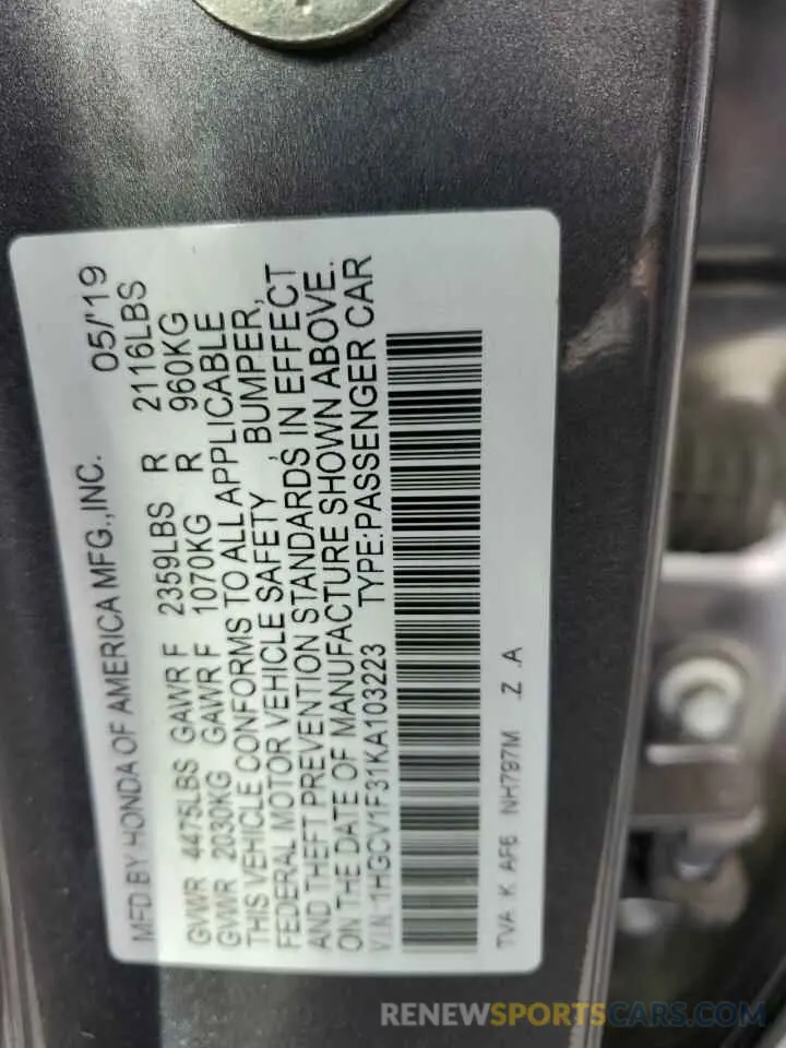 13 Фотография поврежденного автомобиля 1HGCV1F31KA103223 HONDA ACCORD 2019