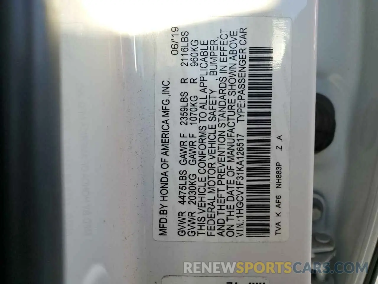 13 Фотография поврежденного автомобиля 1HGCV1F31KA126517 HONDA ACCORD 2019