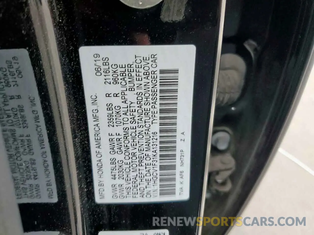 12 Photograph of a damaged car 1HGCV1F31KA131216 HONDA ACCORD 2019