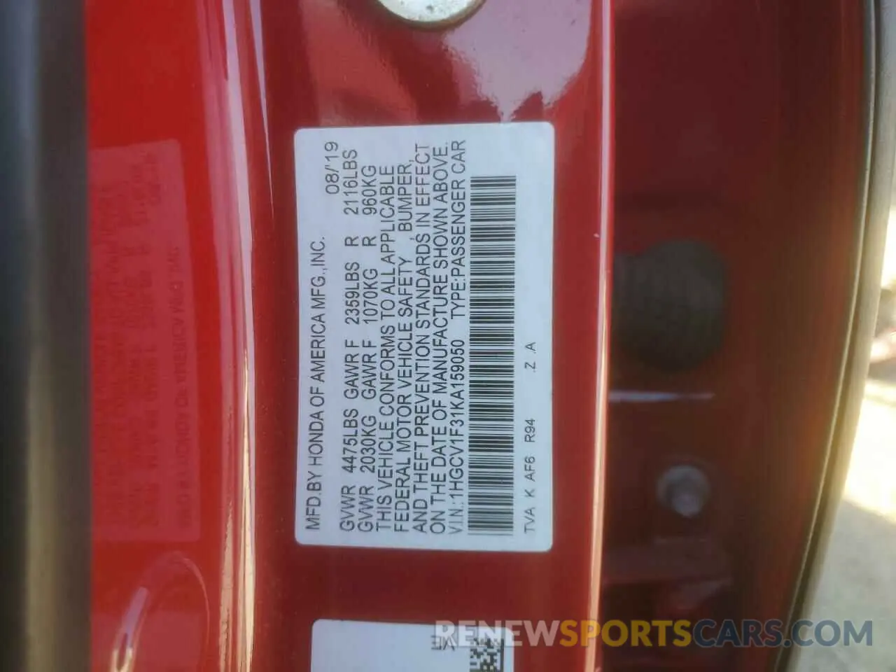 15 Фотография поврежденного автомобиля 1HGCV1F31KA159050 HONDA ACCORD 2019