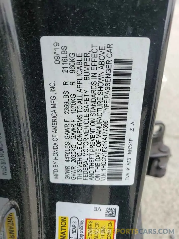13 Фотография поврежденного автомобиля 1HGCV1F31KA177595 HONDA ACCORD 2019