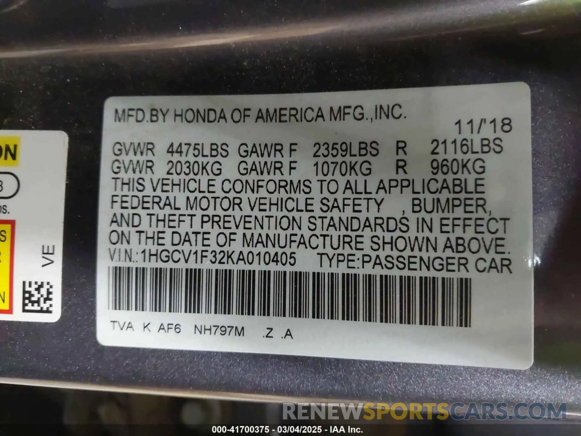 9 Фотография поврежденного автомобиля 1HGCV1F32KA010405 HONDA ACCORD 2019