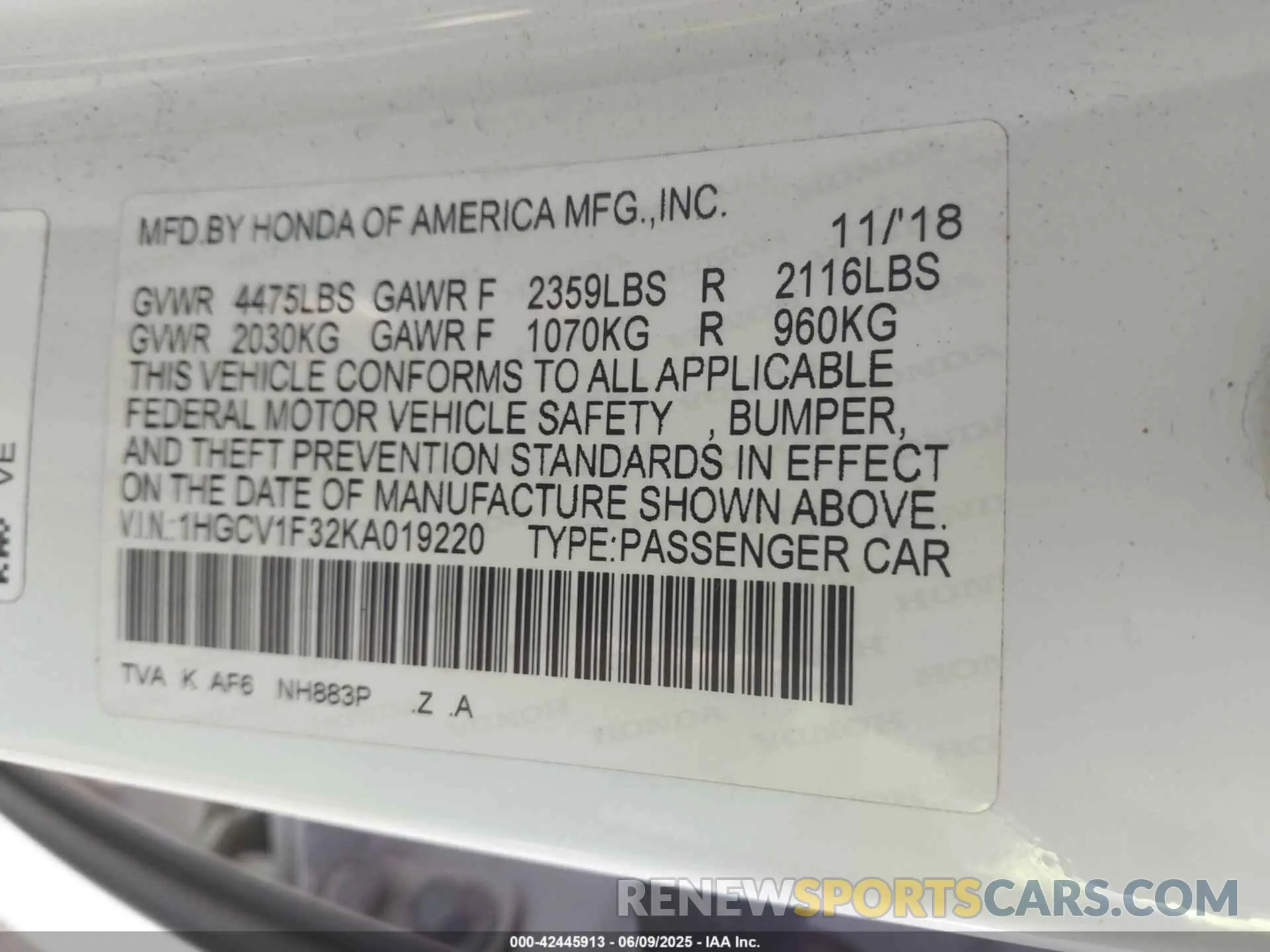 9 Фотография поврежденного автомобиля 1HGCV1F32KA019220 HONDA ACCORD 2019