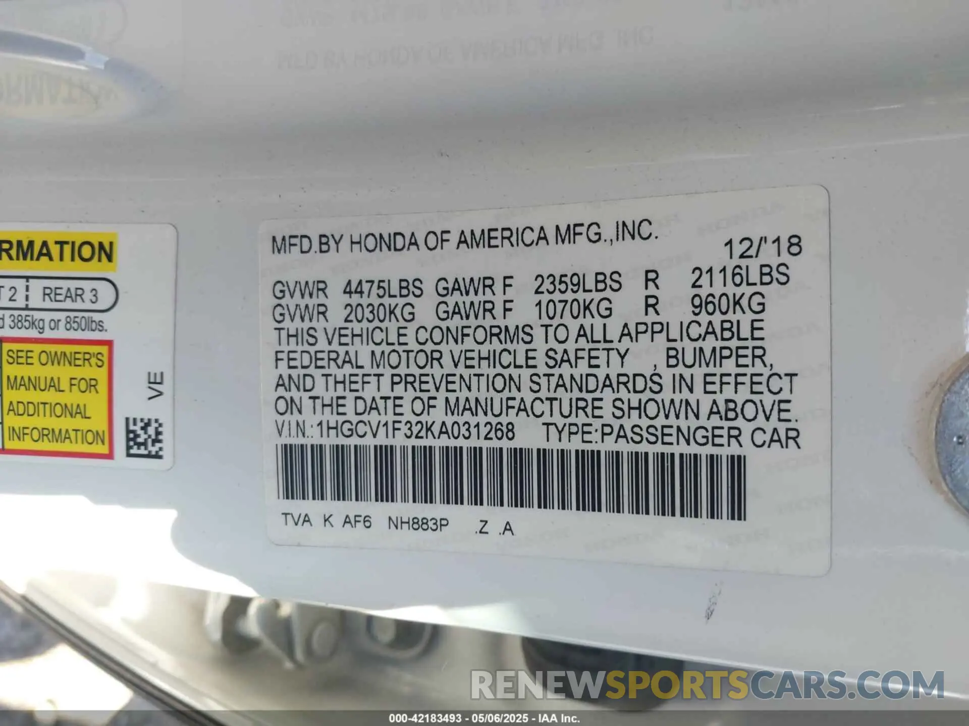 9 Photograph of a damaged car 1HGCV1F32KA031268 HONDA ACCORD 2019