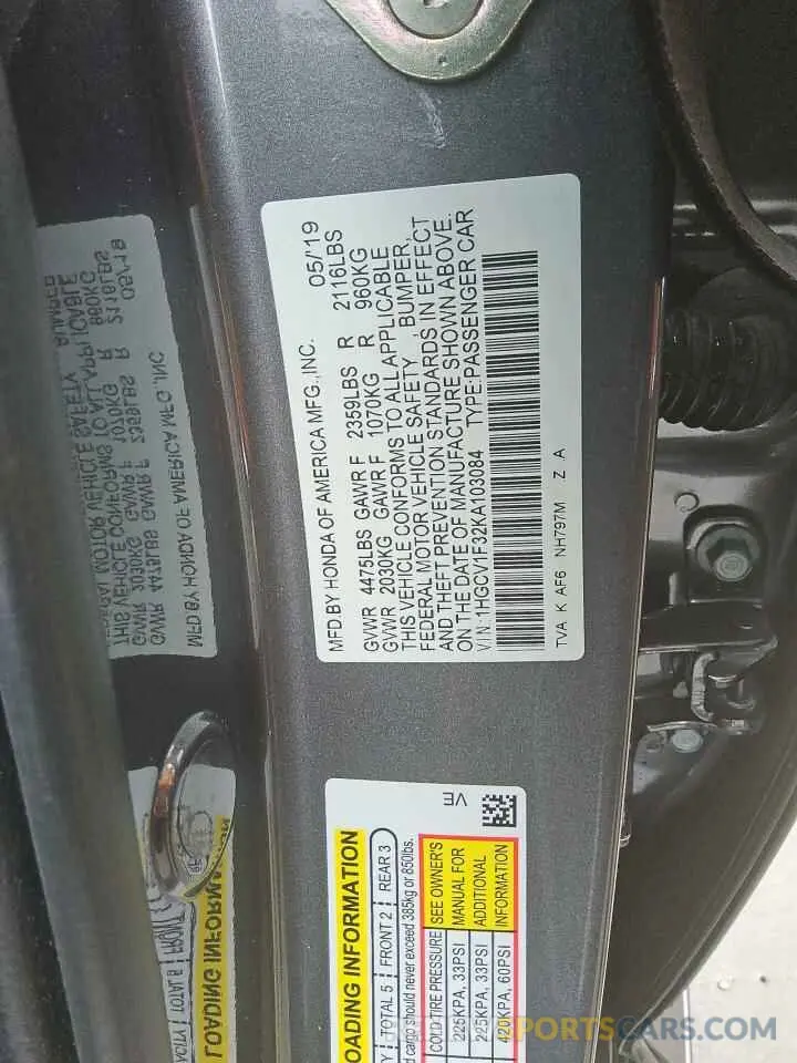 12 Photograph of a damaged car 1HGCV1F32KA103084 HONDA ACCORD 2019