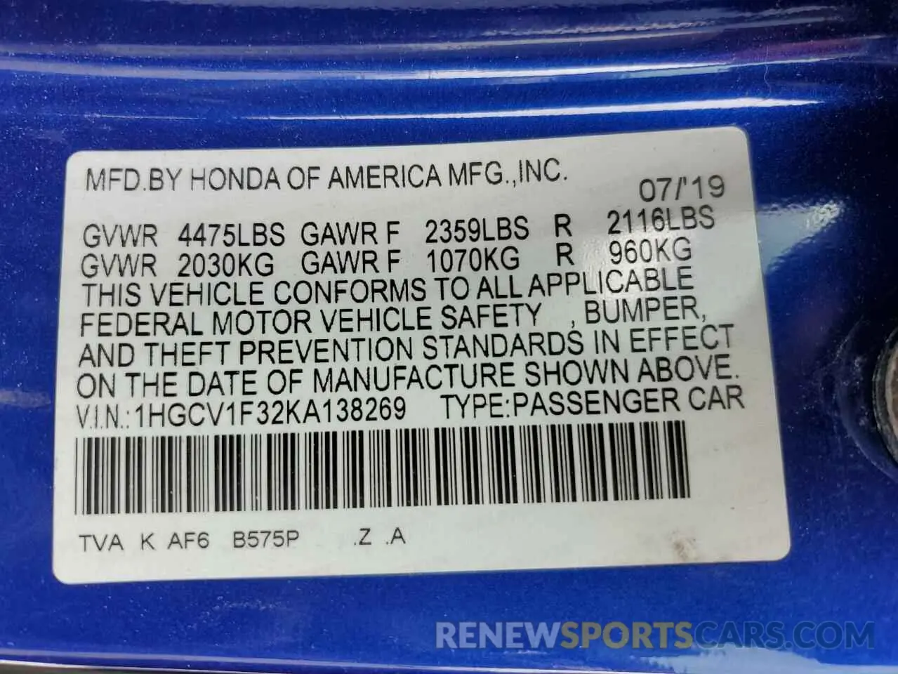 13 Photograph of a damaged car 1HGCV1F32KA138269 HONDA ACCORD 2019
