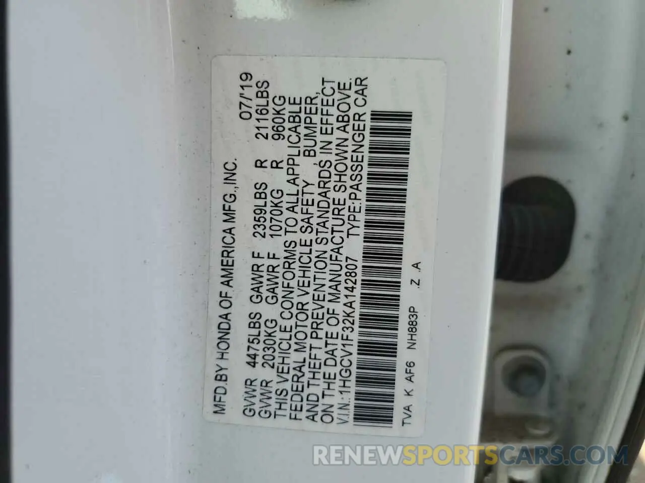12 Фотография поврежденного автомобиля 1HGCV1F32KA142807 HONDA ACCORD 2019