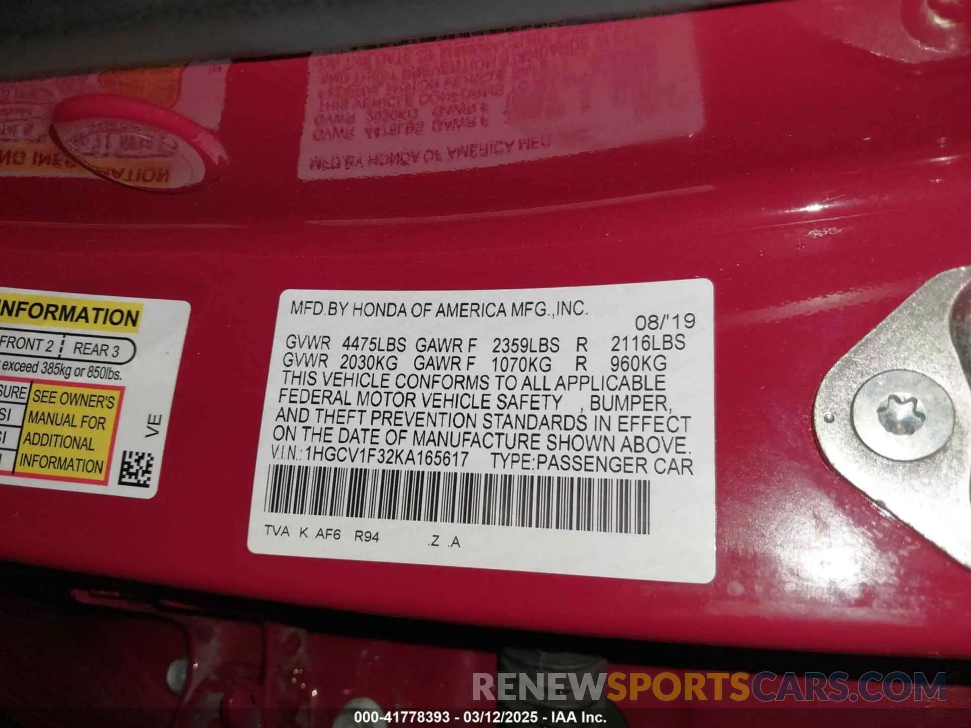 9 Фотография поврежденного автомобиля 1HGCV1F32KA165617 HONDA ACCORD 2019