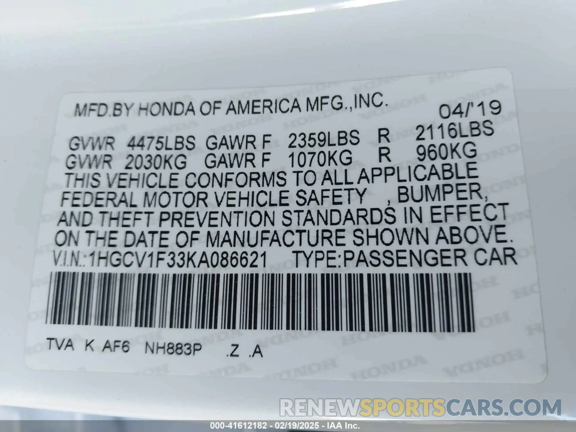 9 Фотография поврежденного автомобиля 1HGCV1F33KA086621 HONDA ACCORD 2019
