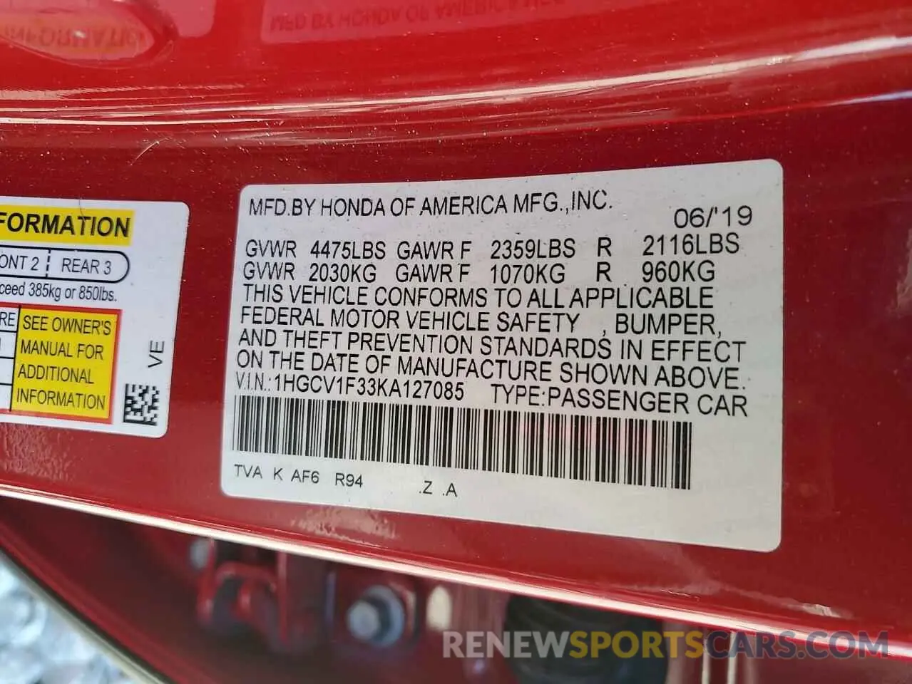 14 Photograph of a damaged car 1HGCV1F33KA127085 HONDA ACCORD 2019