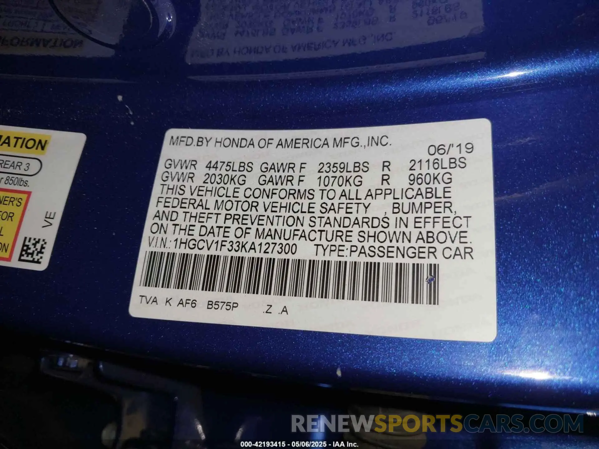 9 Фотография поврежденного автомобиля 1HGCV1F33KA127300 HONDA ACCORD 2019