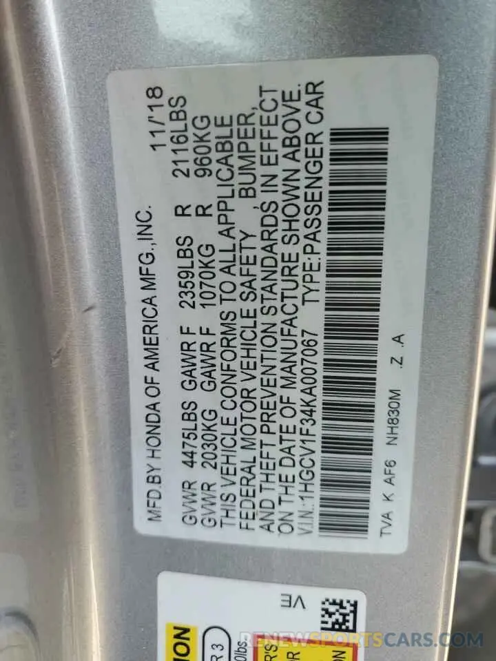12 Photograph of a damaged car 1HGCV1F34KA007067 HONDA ACCORD 2019