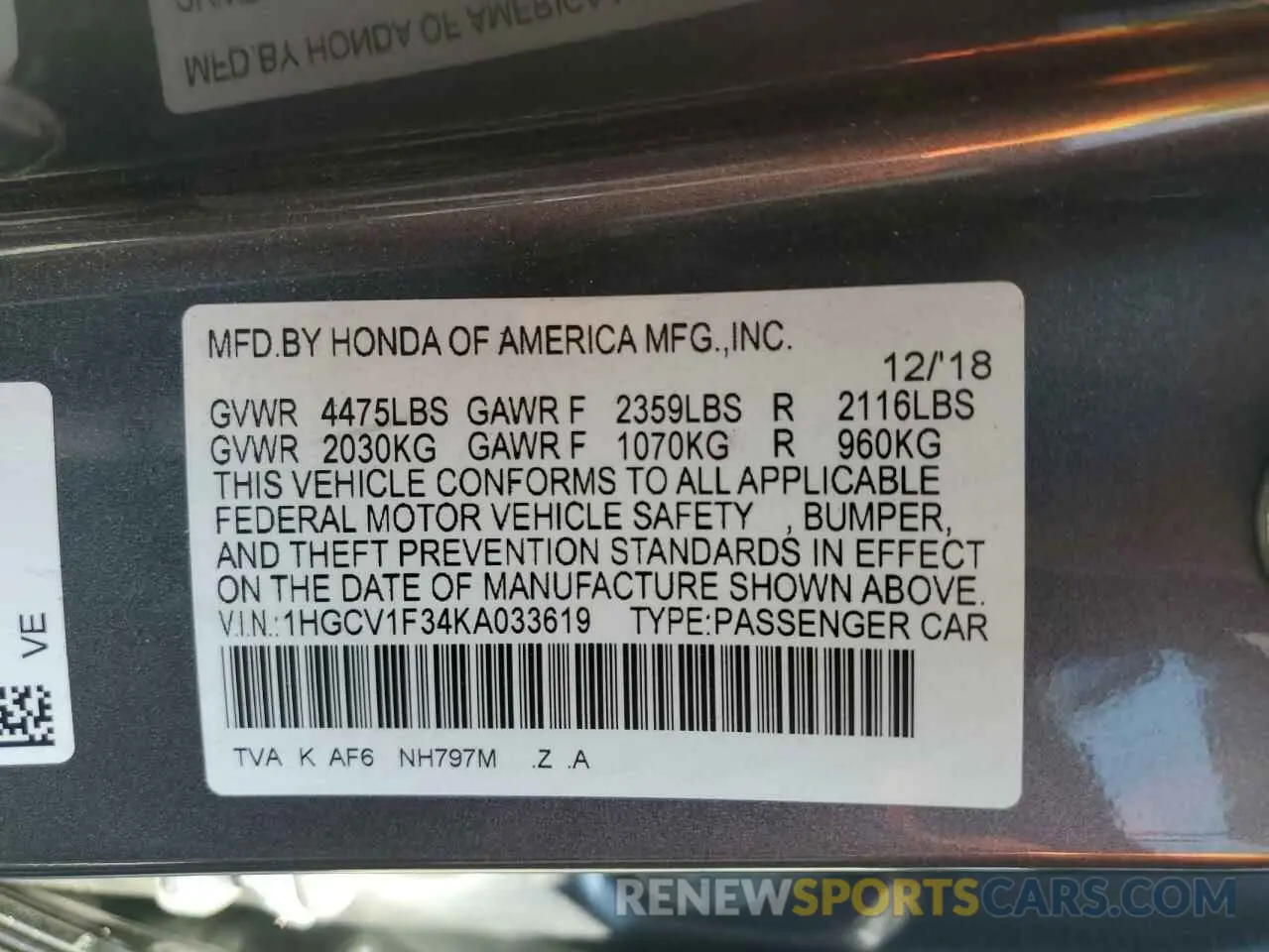 12 Photograph of a damaged car 1HGCV1F34KA033619 HONDA ACCORD 2019
