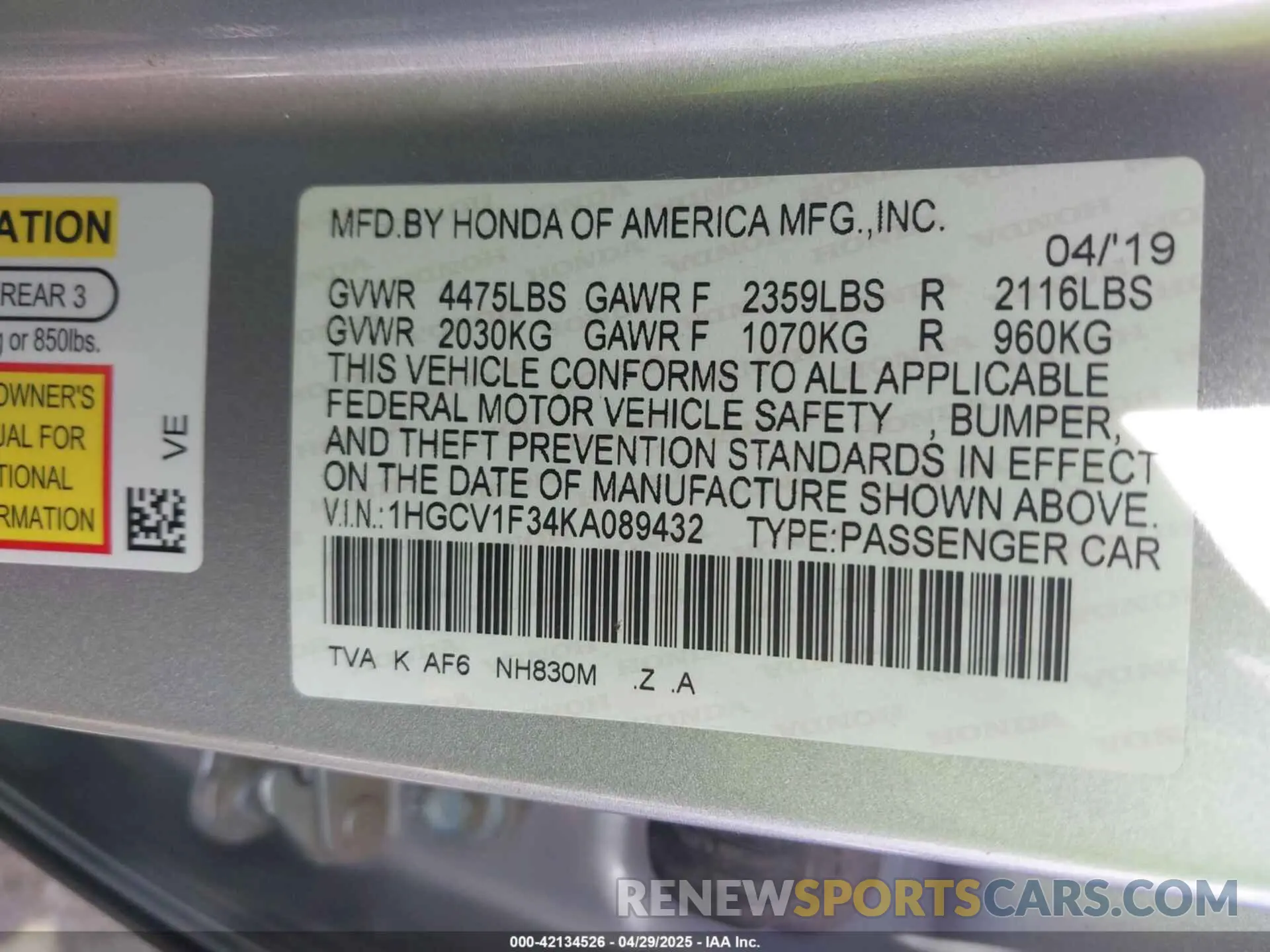 9 Photograph of a damaged car 1HGCV1F34KA089432 HONDA ACCORD 2019