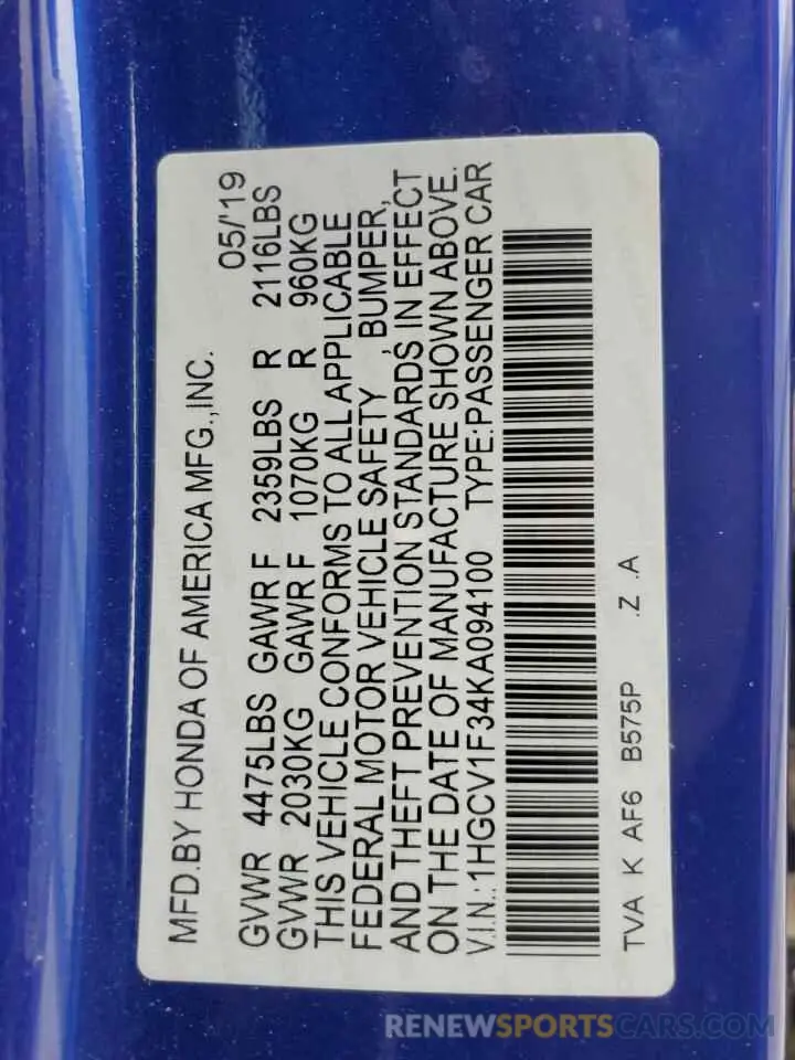 12 Фотография поврежденного автомобиля 1HGCV1F34KA094100 HONDA ACCORD 2019