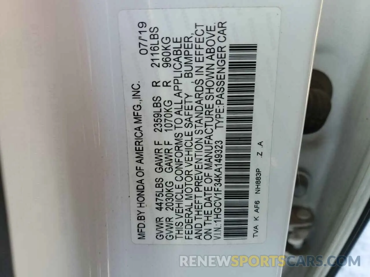 13 Фотография поврежденного автомобиля 1HGCV1F34KA149323 HONDA ACCORD 2019