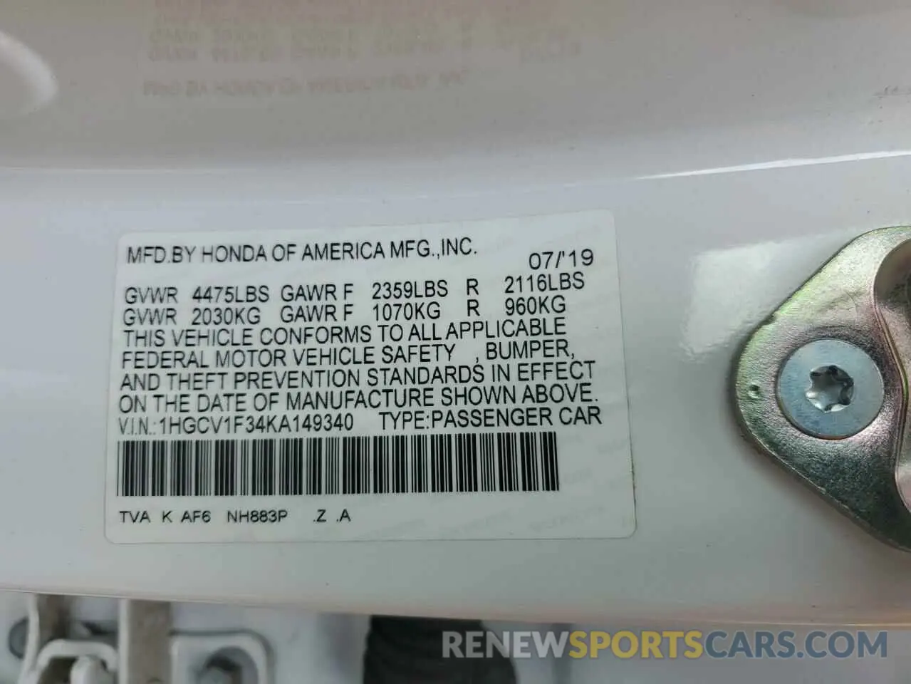 13 Photograph of a damaged car 1HGCV1F34KA149340 HONDA ACCORD 2019
