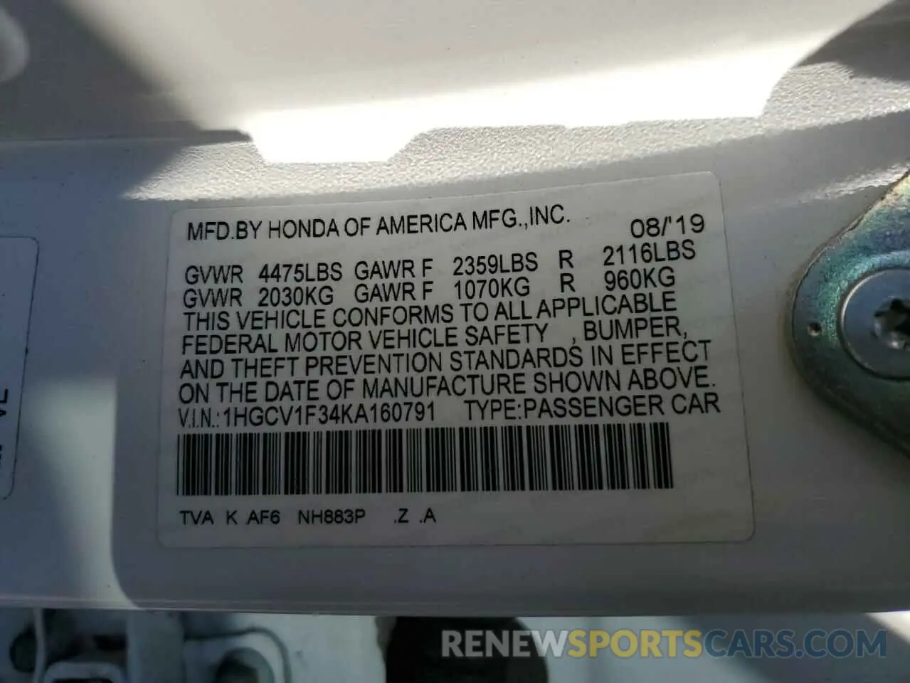 14 Фотография поврежденного автомобиля 1HGCV1F34KA160791 HONDA ACCORD 2019