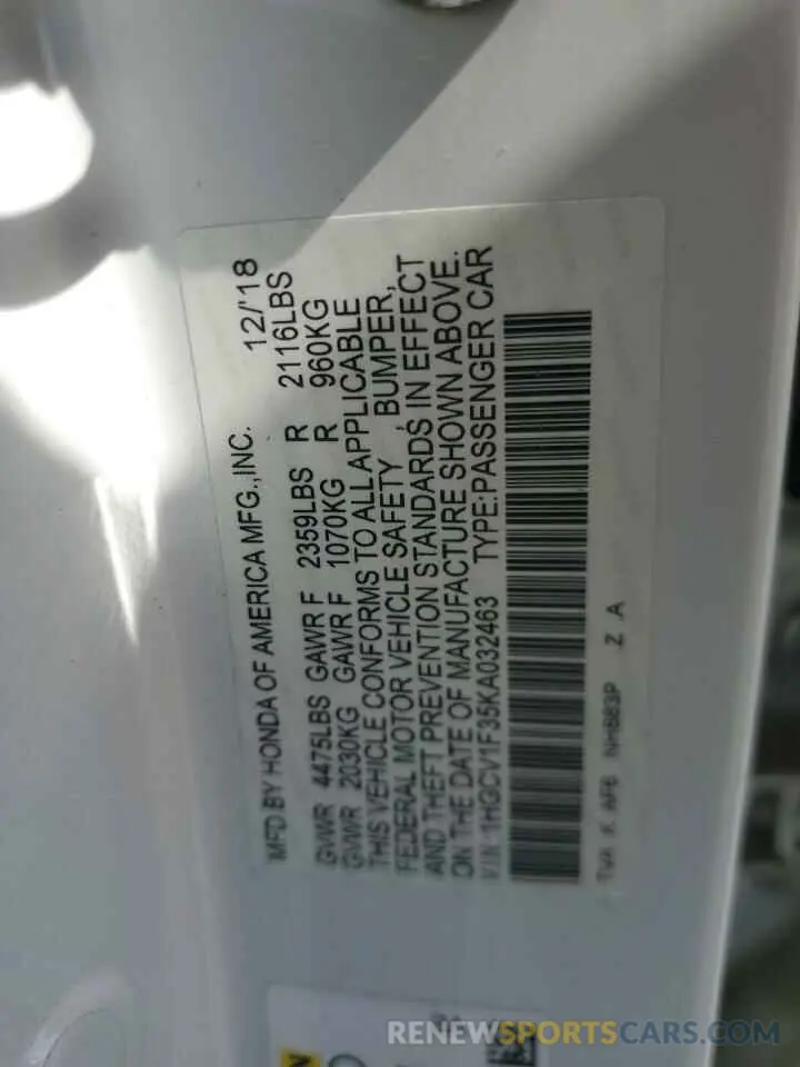 12 Photograph of a damaged car 1HGCV1F35KA032463 HONDA ACCORD 2019