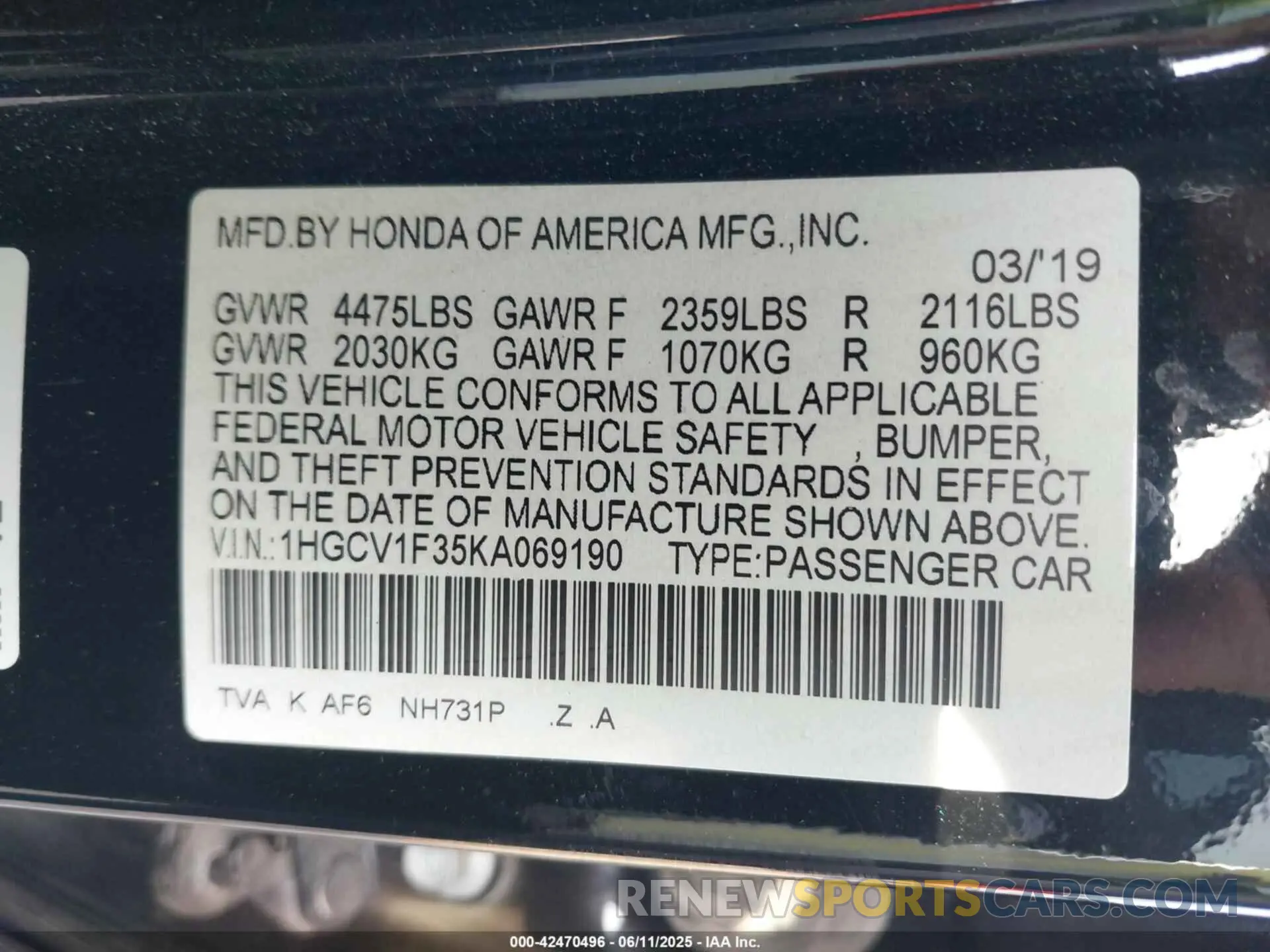 9 Photograph of a damaged car 1HGCV1F35KA069190 HONDA ACCORD 2019