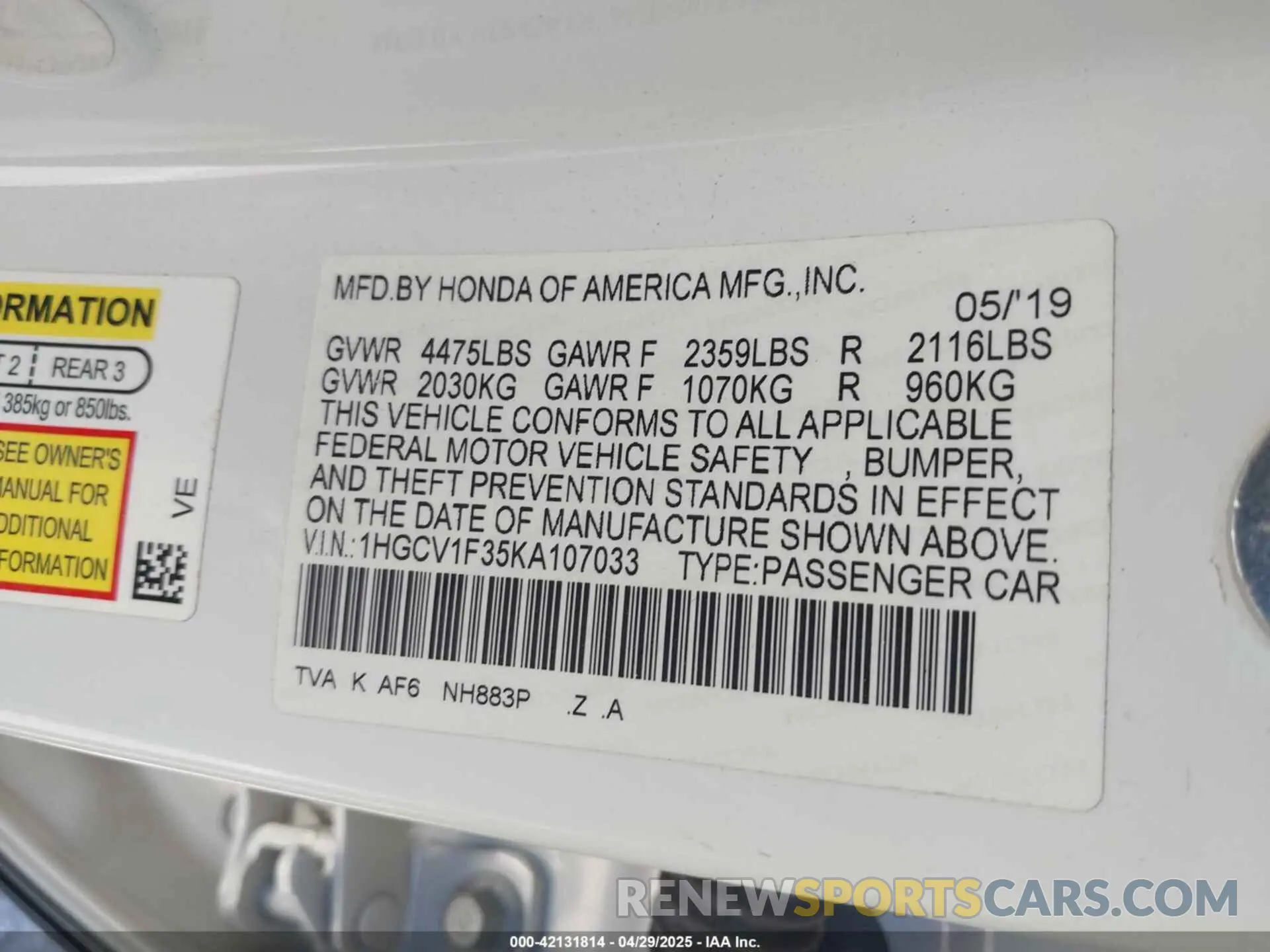 9 Photograph of a damaged car 1HGCV1F35KA107033 HONDA ACCORD 2019