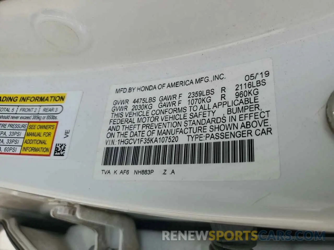 13 Photograph of a damaged car 1HGCV1F35KA107520 HONDA ACCORD 2019