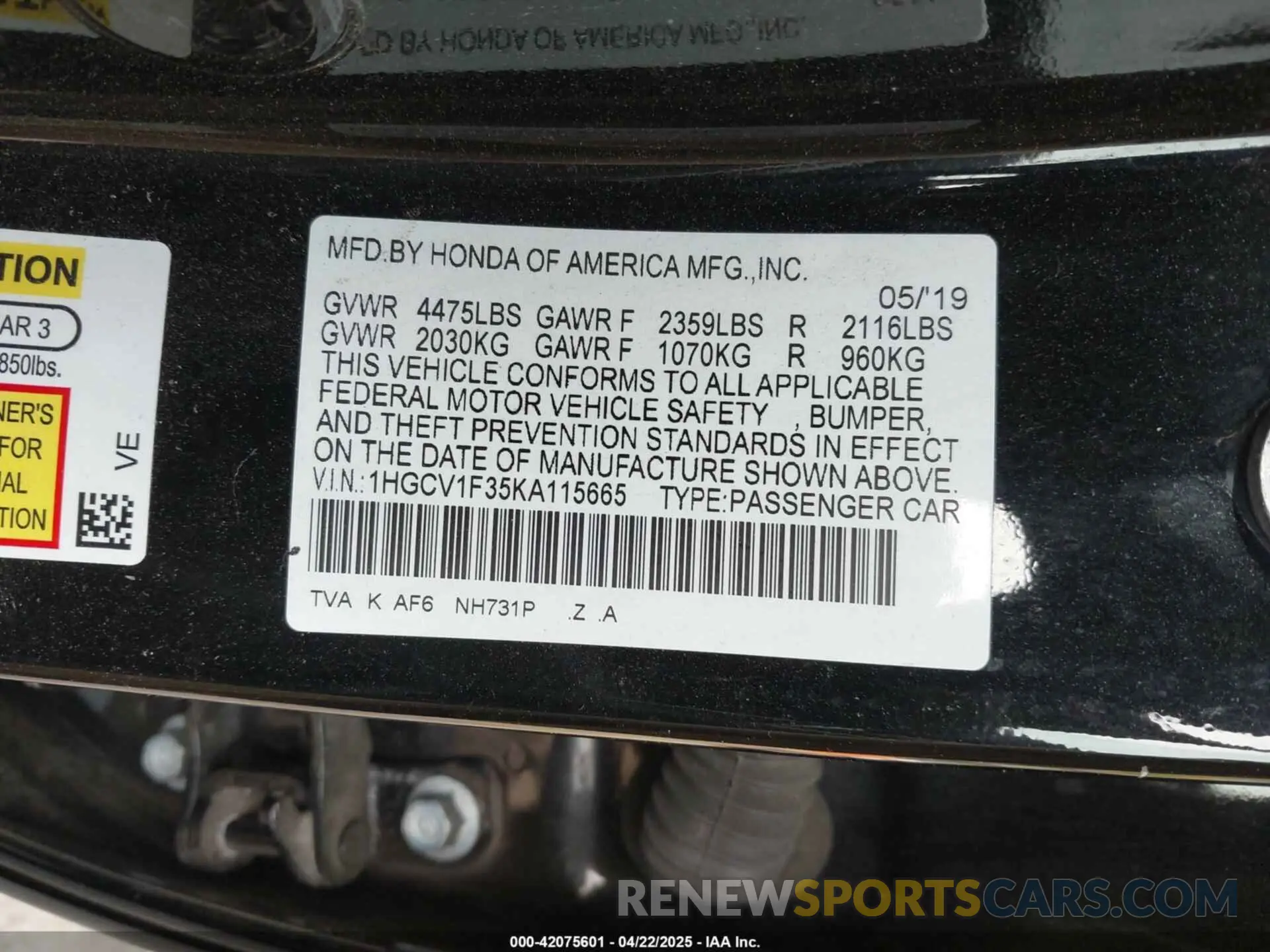 9 Фотография поврежденного автомобиля 1HGCV1F35KA115665 HONDA ACCORD 2019