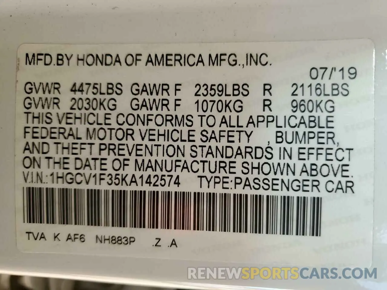 14 Фотография поврежденного автомобиля 1HGCV1F35KA142574 HONDA ACCORD 2019