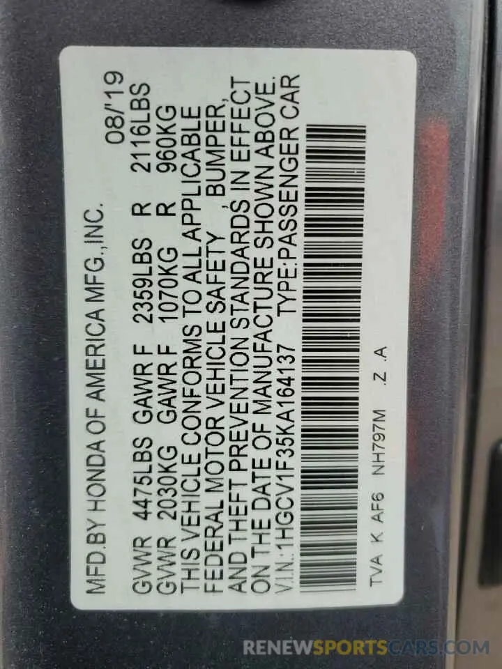 14 Фотография поврежденного автомобиля 1HGCV1F35KA164137 HONDA ACCORD 2019