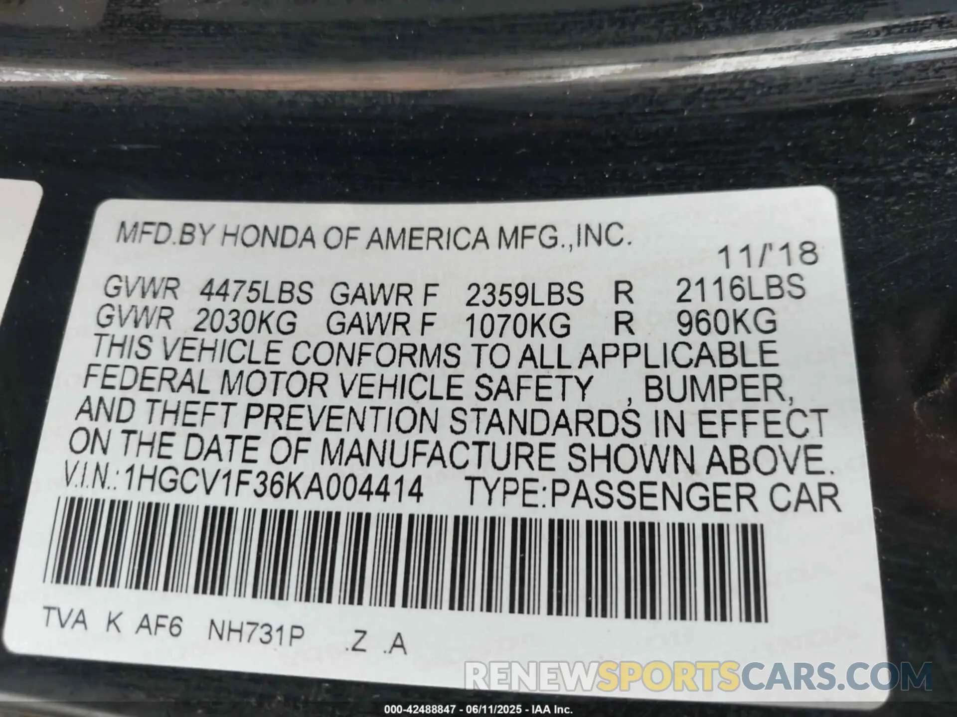 9 Фотография поврежденного автомобиля 1HGCV1F36KA004414 HONDA ACCORD 2019