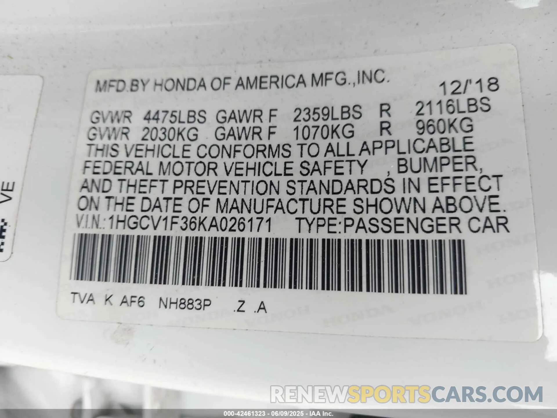 9 Photograph of a damaged car 1HGCV1F36KA026171 HONDA ACCORD 2019