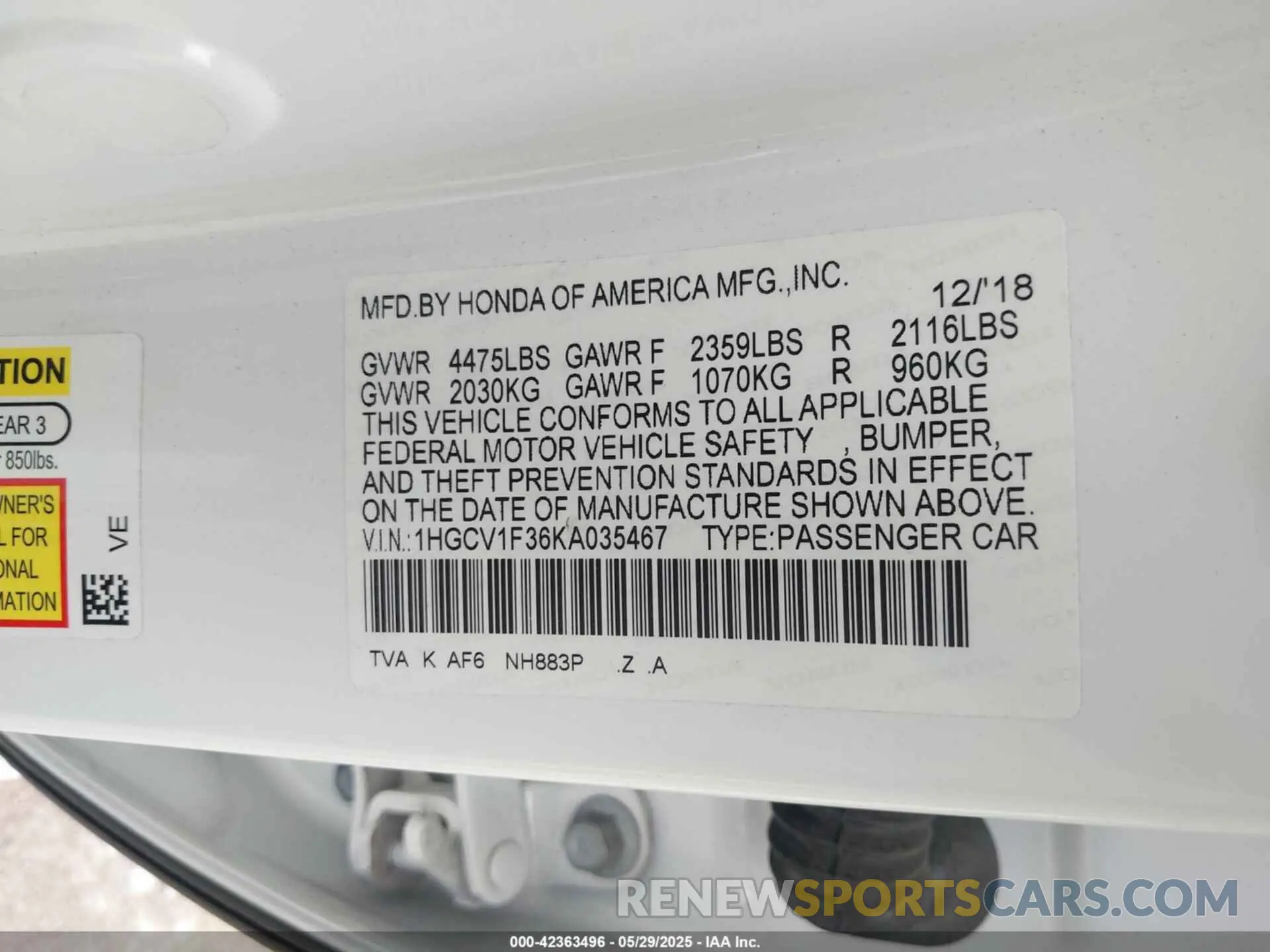 9 Photograph of a damaged car 1HGCV1F36KA035467 HONDA ACCORD 2019