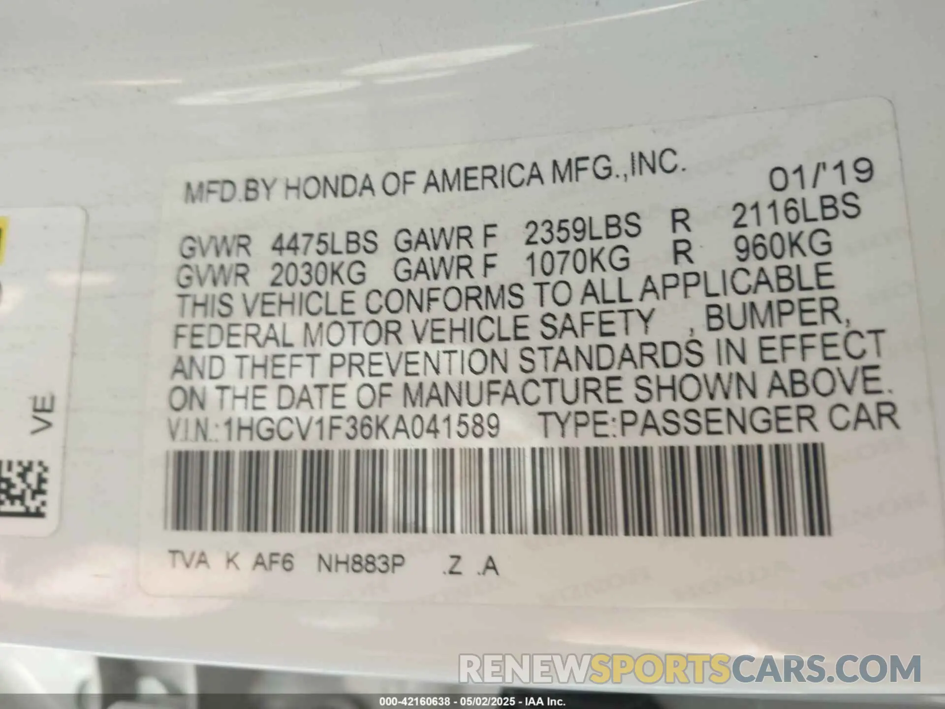9 Фотография поврежденного автомобиля 1HGCV1F36KA041589 HONDA ACCORD 2019