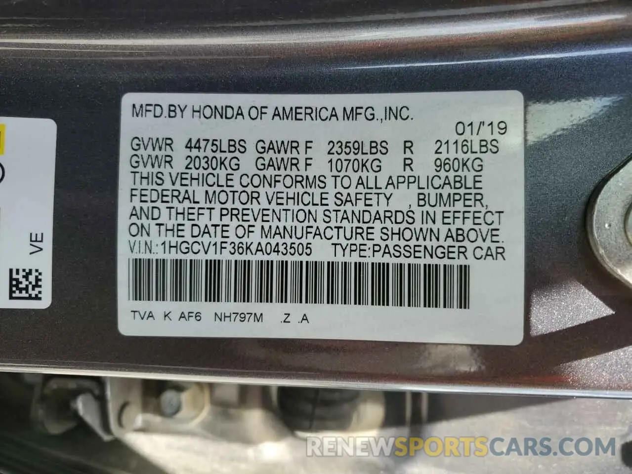 12 Фотография поврежденного автомобиля 1HGCV1F36KA043505 HONDA ACCORD 2019