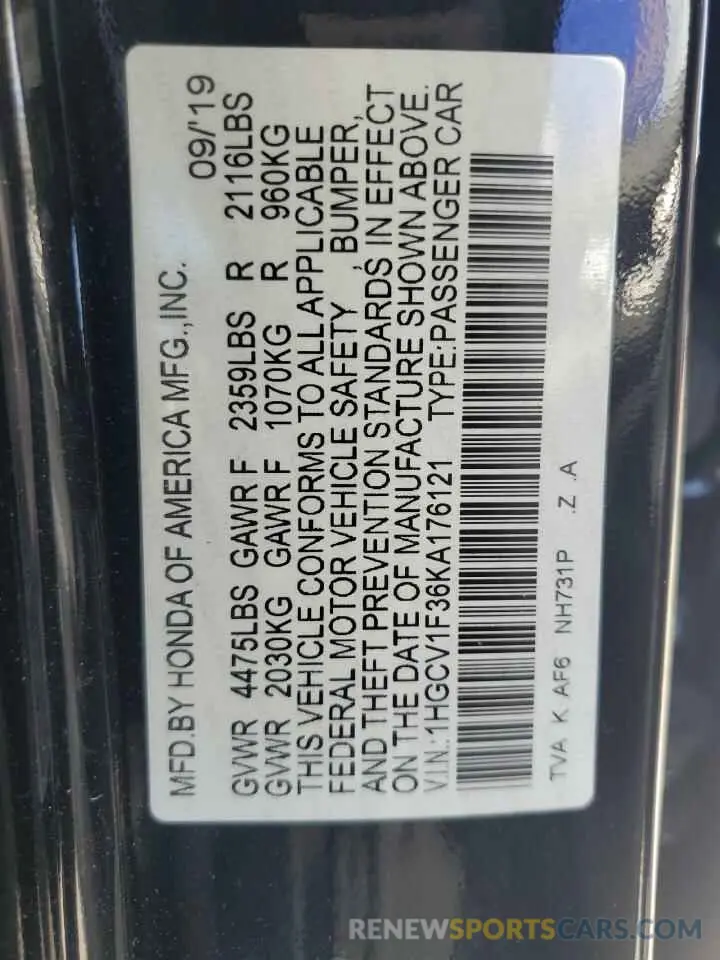 14 Photograph of a damaged car 1HGCV1F36KA176121 HONDA ACCORD 2019