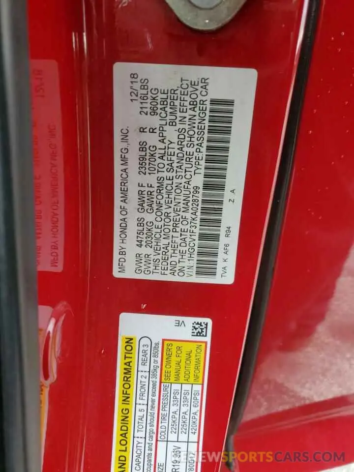 14 Photograph of a damaged car 1HGCV1F37KA028799 HONDA ACCORD 2019