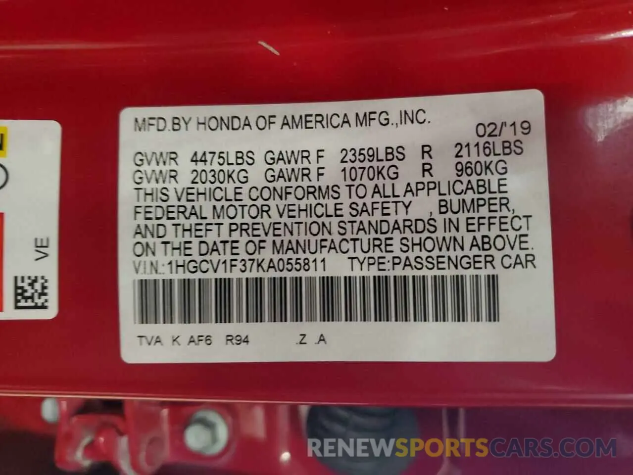 12 Photograph of a damaged car 1HGCV1F37KA055811 HONDA ACCORD 2019