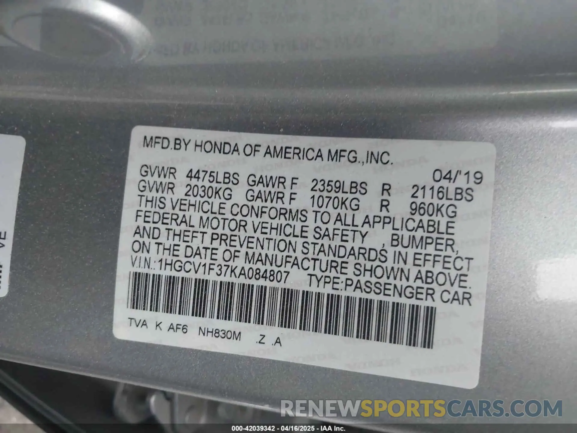 9 Фотография поврежденного автомобиля 1HGCV1F37KA084807 HONDA ACCORD 2019