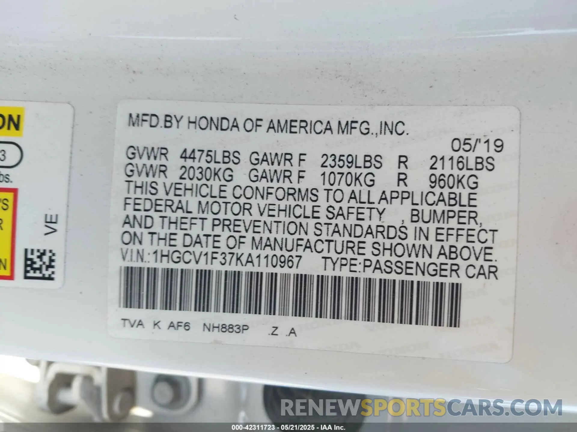 9 Фотография поврежденного автомобиля 1HGCV1F37KA110967 HONDA ACCORD 2019