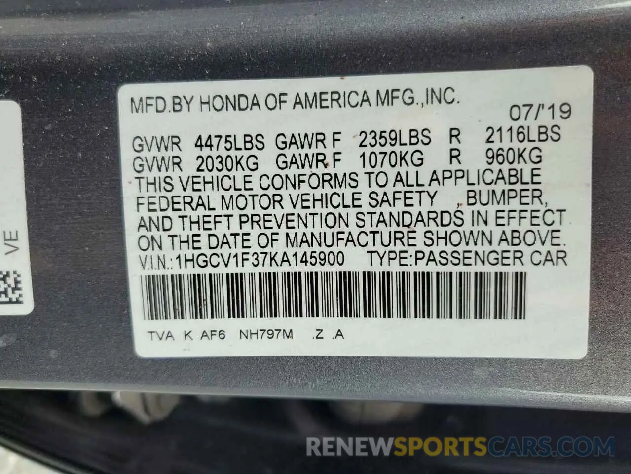 12 Фотография поврежденного автомобиля 1HGCV1F37KA145900 HONDA ACCORD 2019