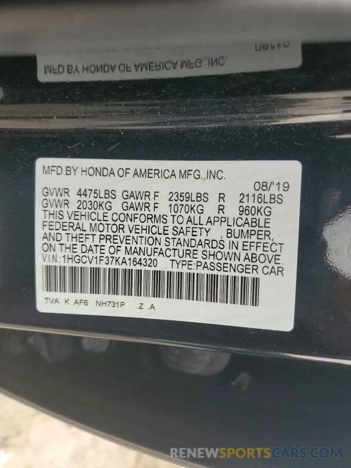 14 Photograph of a damaged car 1HGCV1F37KA164320 HONDA ACCORD 2019