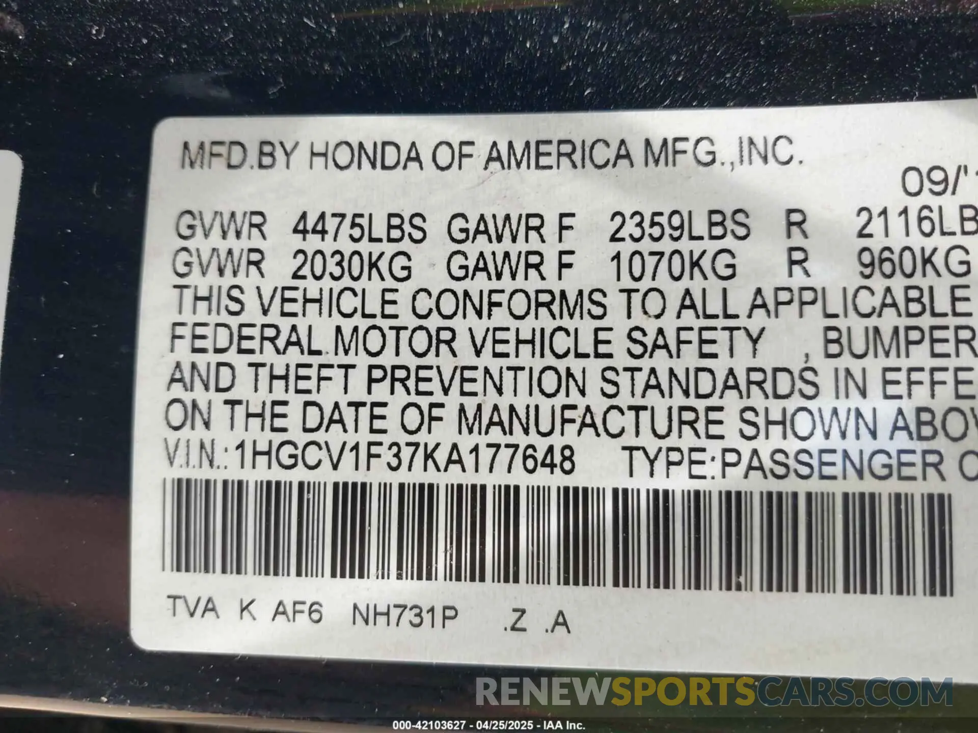 9 Photograph of a damaged car 1HGCV1F37KA177648 HONDA ACCORD 2019