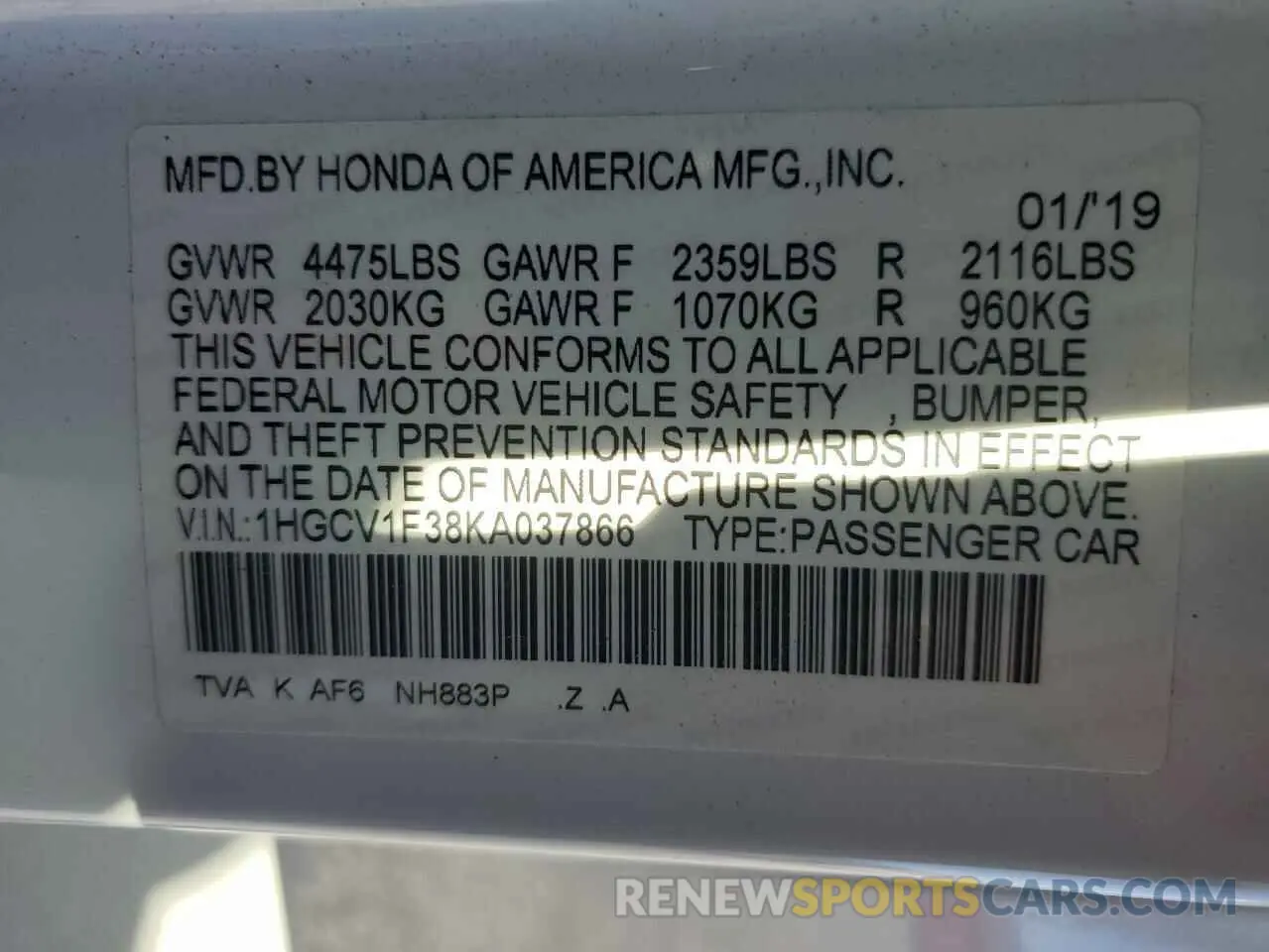 15 Фотография поврежденного автомобиля 1HGCV1F38KA037866 HONDA ACCORD 2019