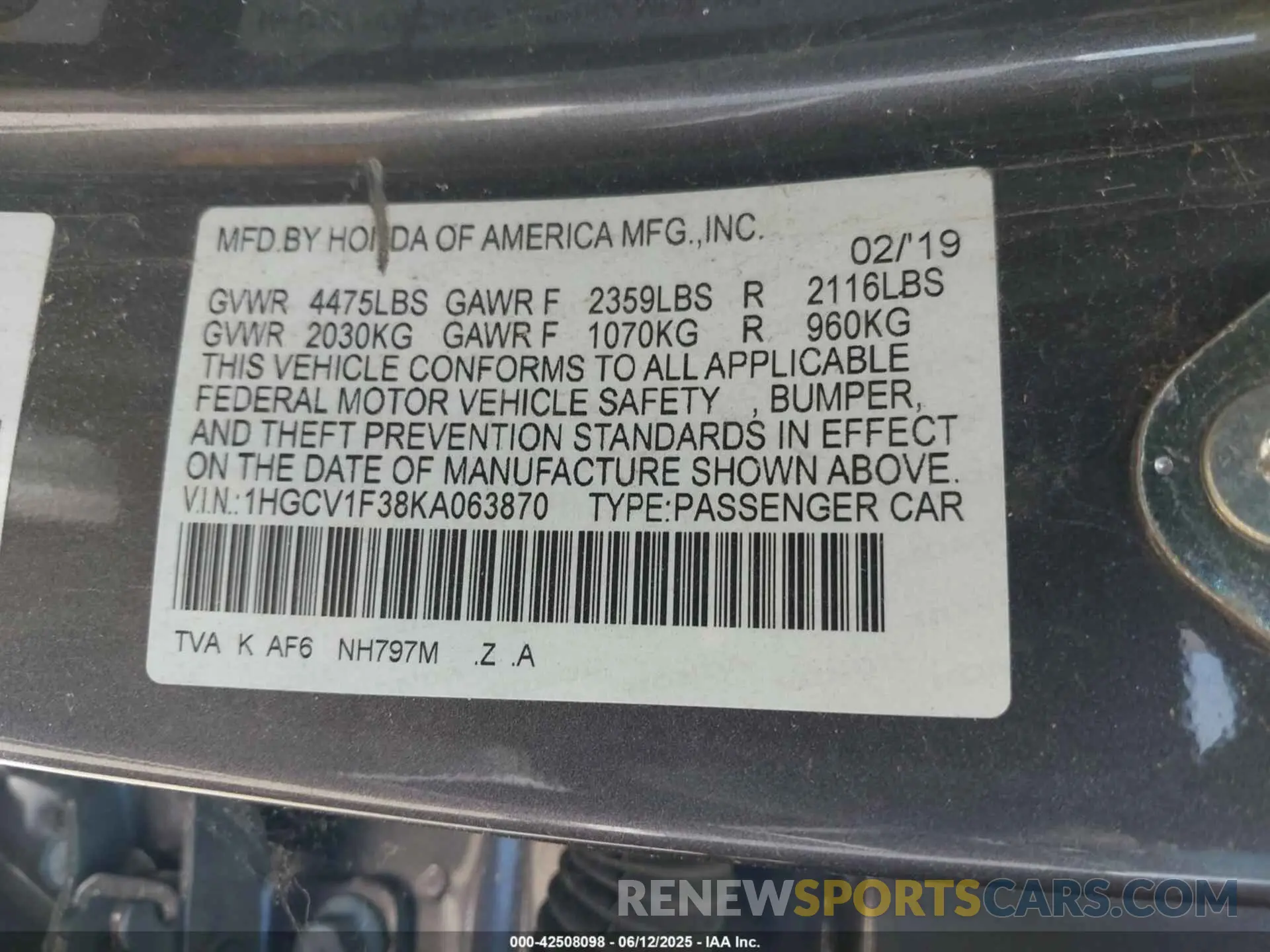 9 Photograph of a damaged car 1HGCV1F38KA063870 HONDA ACCORD 2019